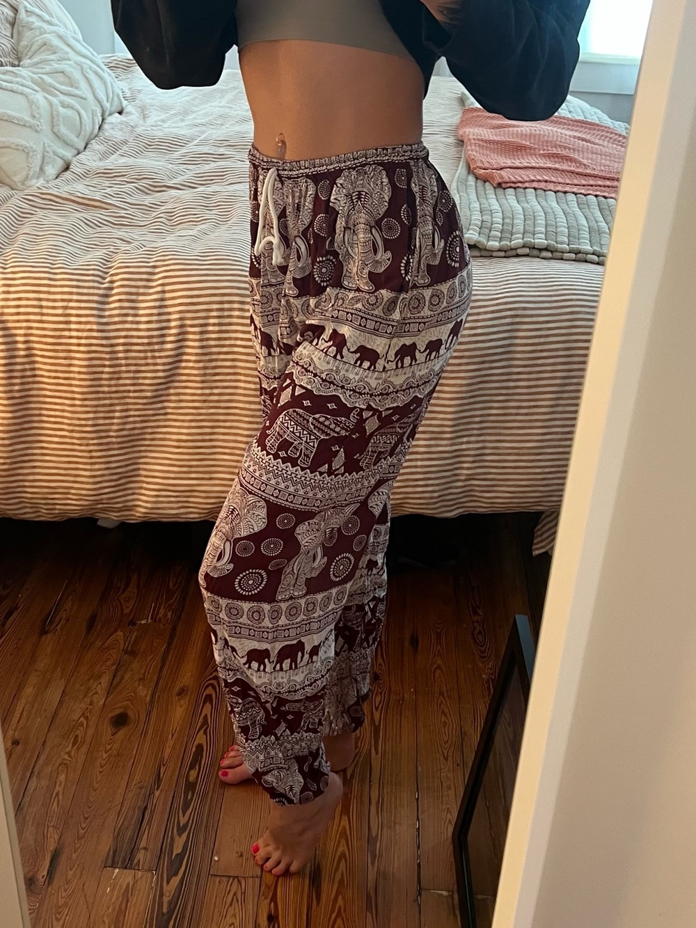Boho Elephant Print Elastic Waist Pants - Burgundy